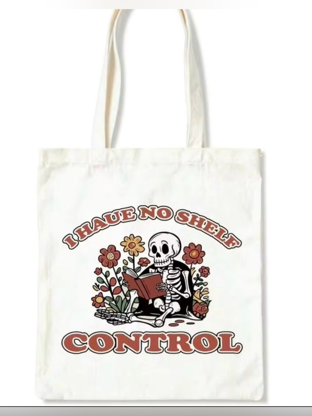 White Graphic Tote Bag "I Have No Shelf Control"
